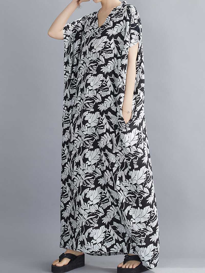 Black V-Neck Short Sleeve Leaf Print Loose Kaftan Maxi Dress 3