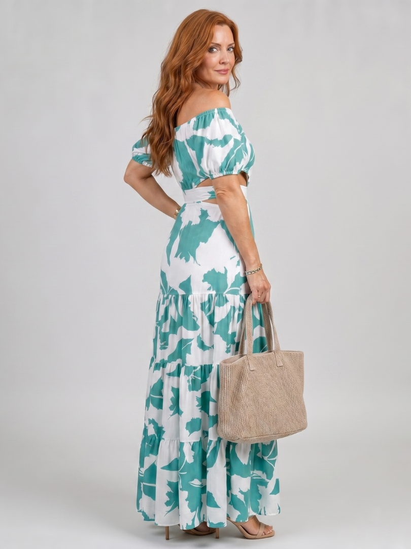 Off-Shoulder Puff Sleeve Floral Print Cutout Waist Tiered Maxi Dress