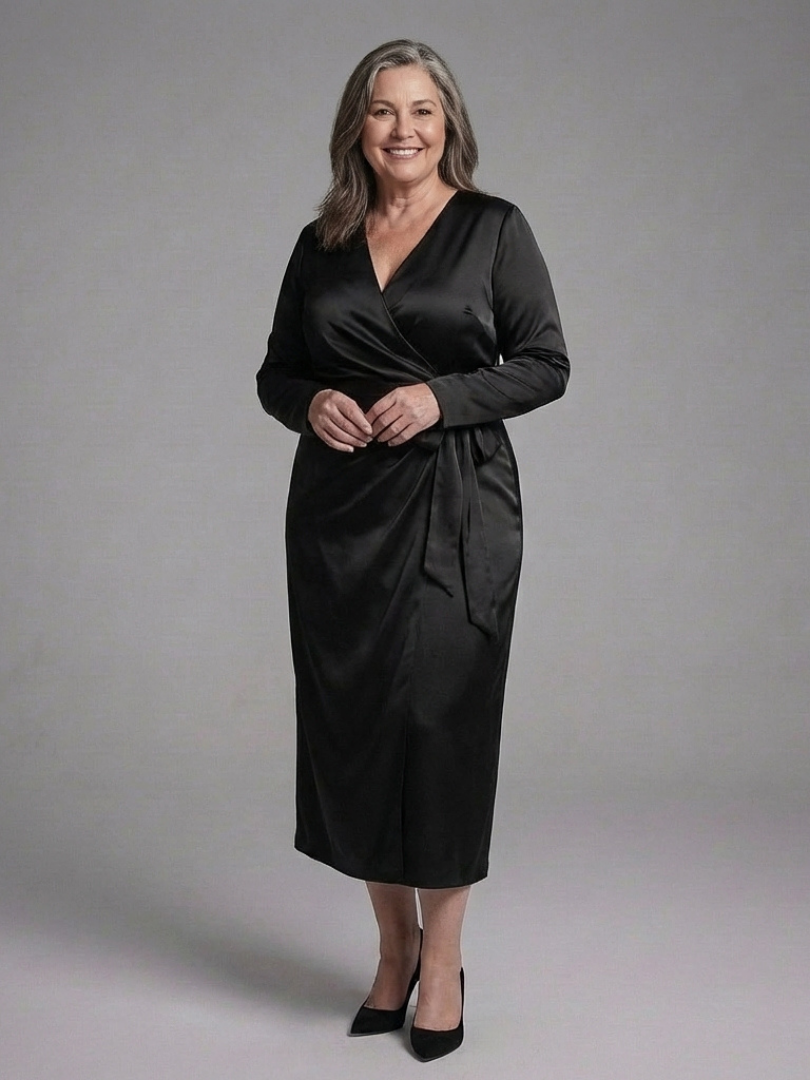 V-Neck Satin Long Sleeve Tie Waist Wrap Midi Dress 4