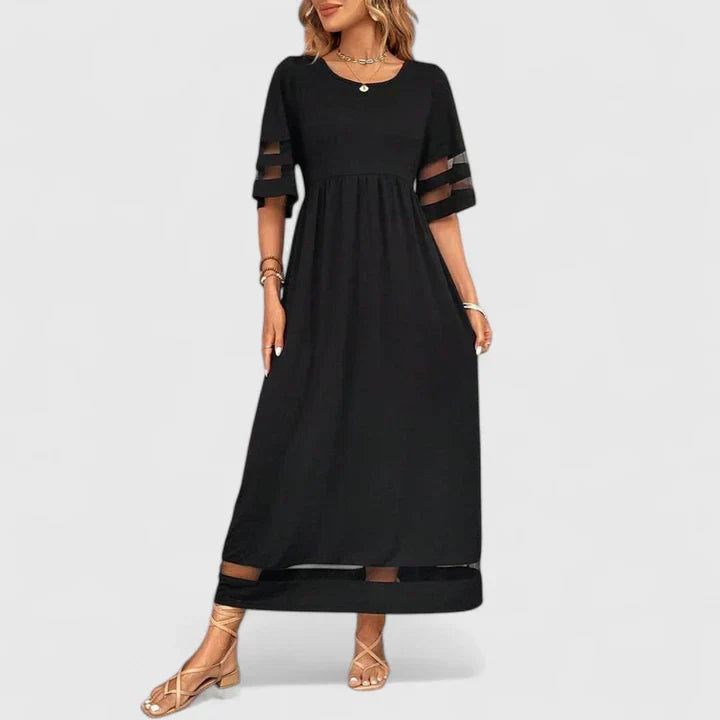 Round Neck Mesh Stripe Sleeve Empire Waist A-Line Maxi Dress