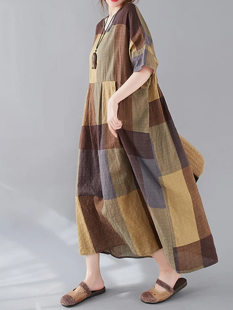 Brown V-Neck Short Sleeve Plaid Pleated Loose Cotton Midi Dress