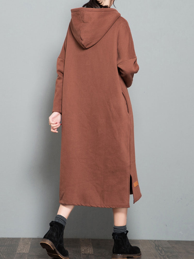 Hooded Long Sleeve Patch Pocket Loose Sweatshirt Midi Dress 4