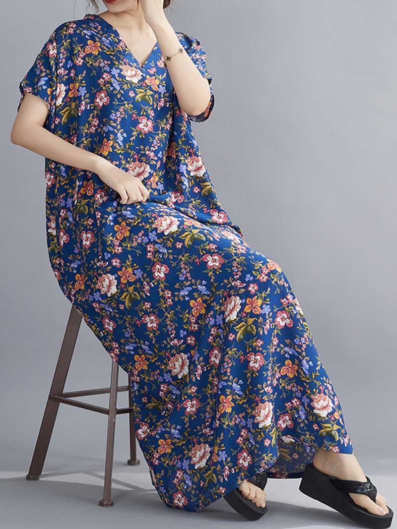 Multicolor V-Neck Short Sleeve Floral Print Cocoon Kaftan Maxi Dress
