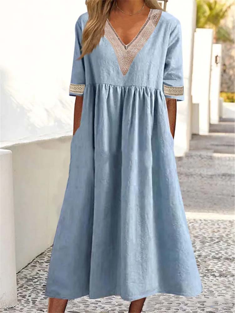 Relaxed V-Neck Chambray Side Pocket Midi Dress