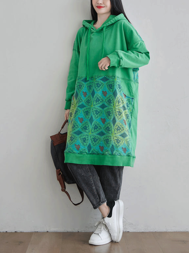 Hooded Drawstring Printed Pocket Sweatshirt Midi Dress