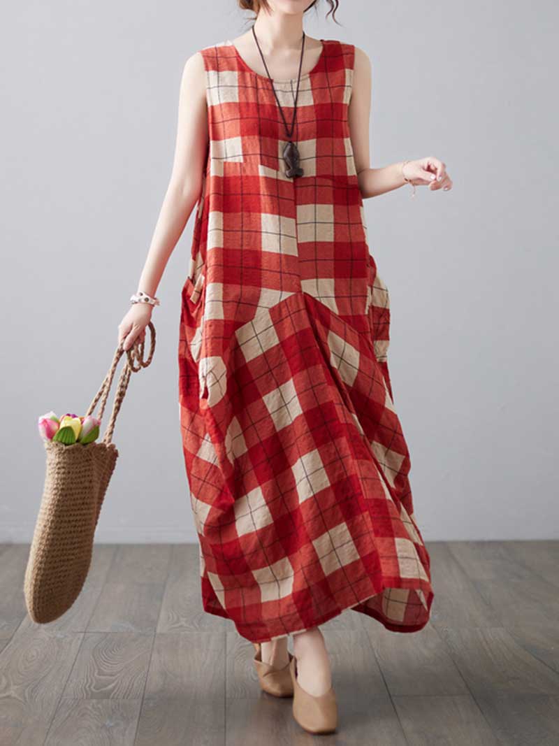 Red Round Neck Sleeveless Plaid Print Loose Cocoon Maxi Dress