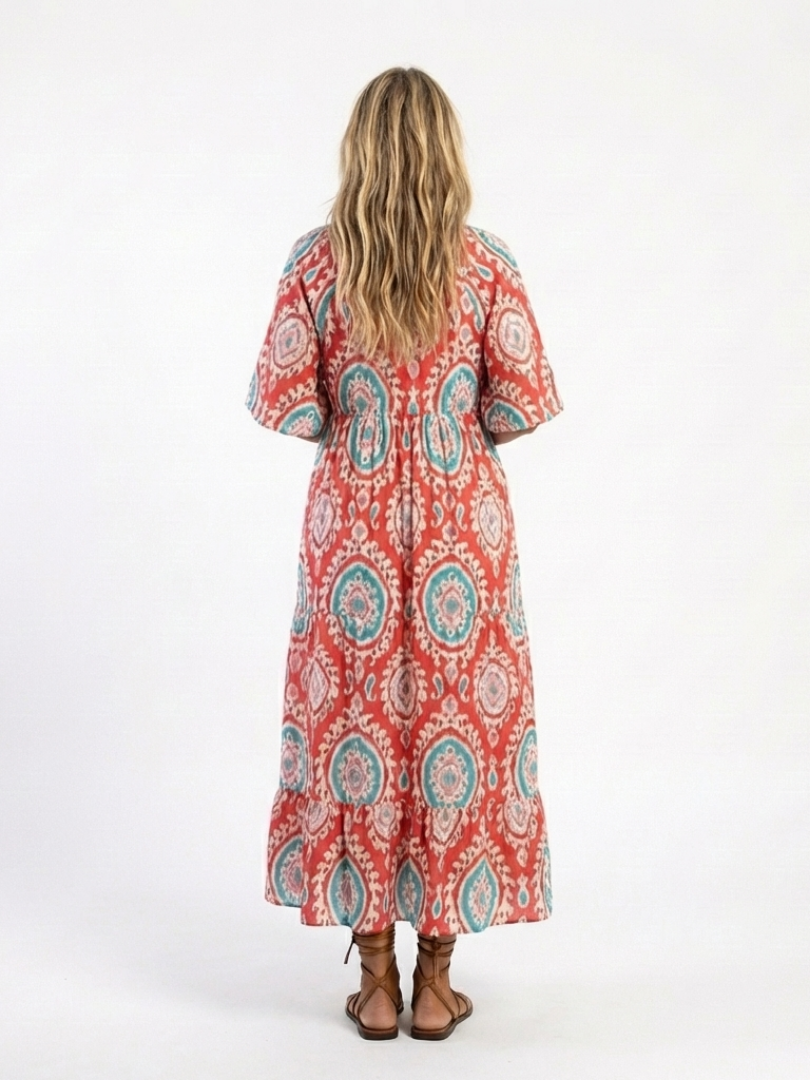 Red Split Neck Ikat Medallion Puff Sleeve Tiered Maxi Dress 4