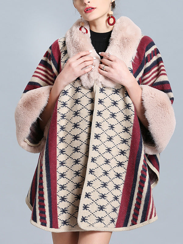 Faux Fur Collar Striped Aztec Print Cape Cardigan