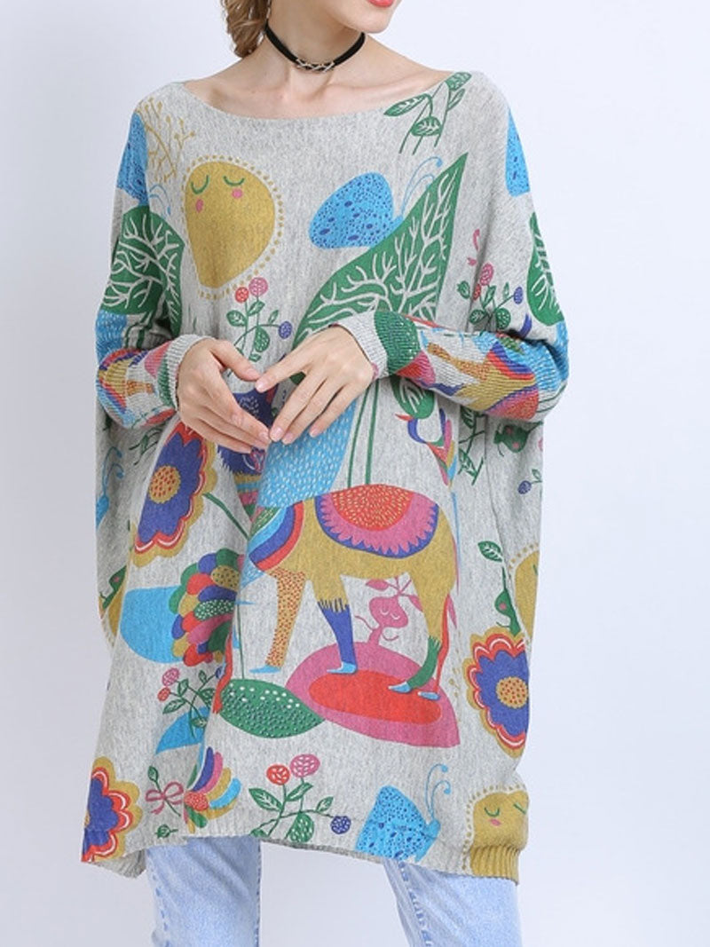Boat Neck Abstract Print Long Sleeve Knit Mini Dress