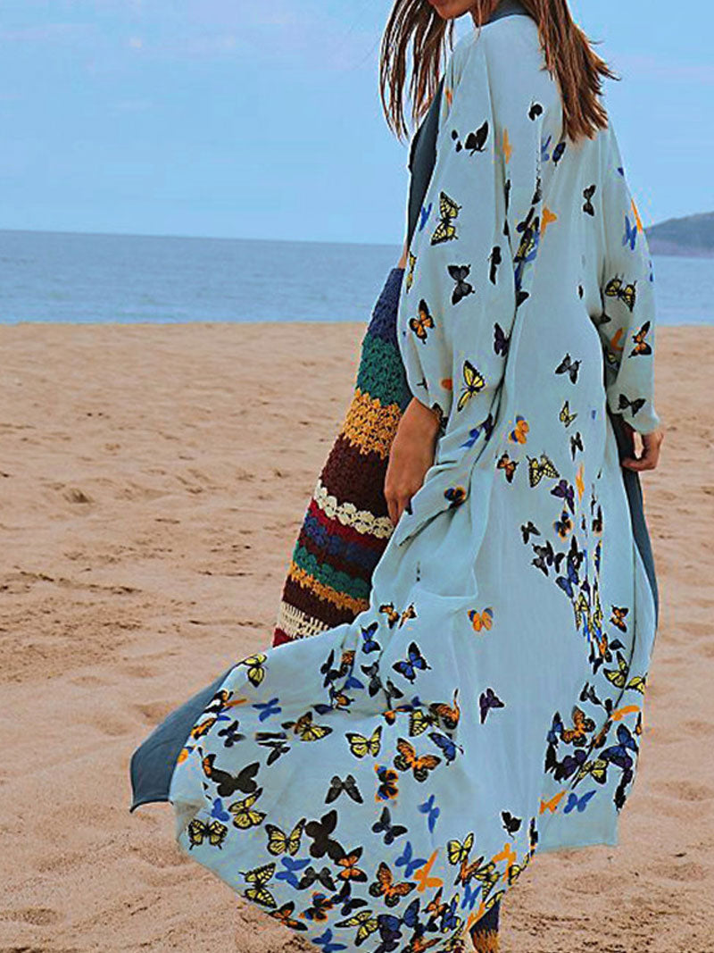 Blue Butterfly Print Contrast Trim Open Front Long Kimono Robe 2