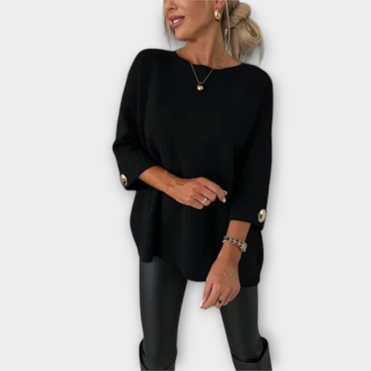 Round Neck Long Sleeve Button Cuff Oversized Knit Sweater