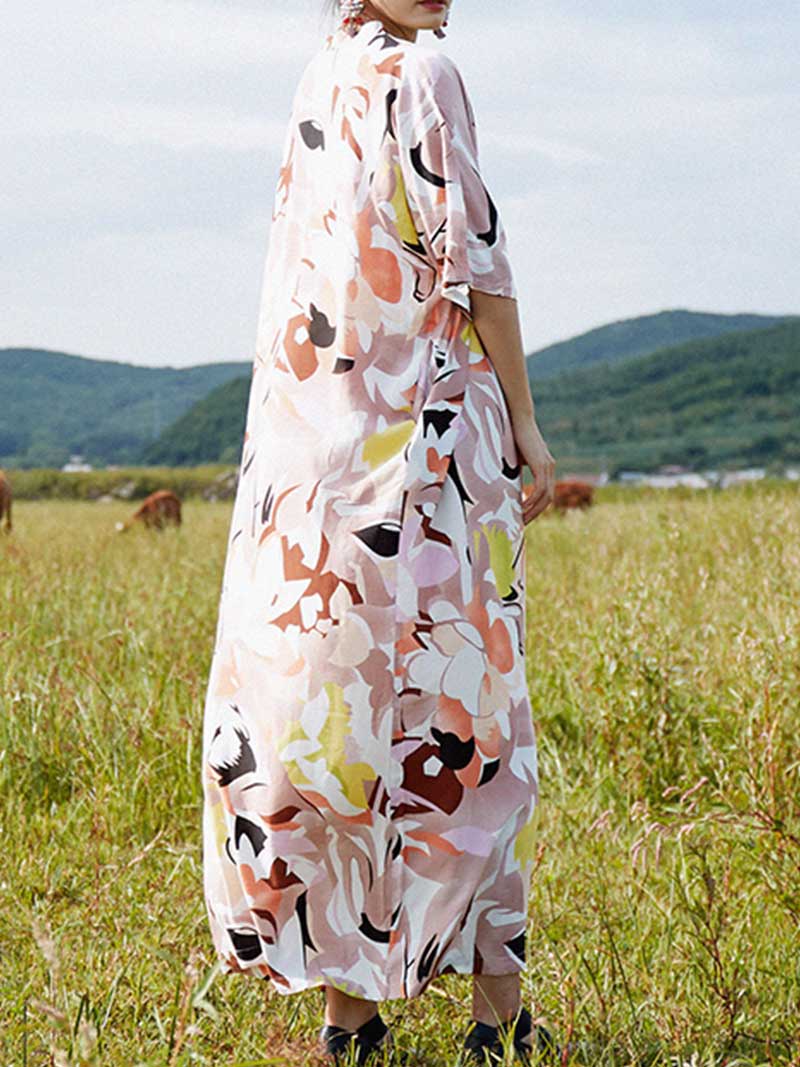 Multicolor V-Neck Half Sleeve Abstract Floral Print Kaftan Maxi Dress