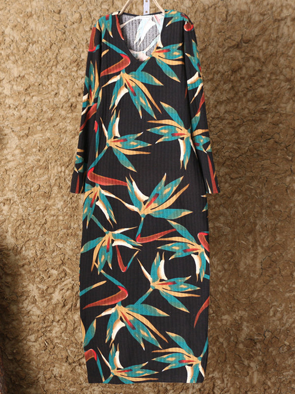 Black V-Neck Leaf Print Long Sleeve Loose Straight Maxi Dress