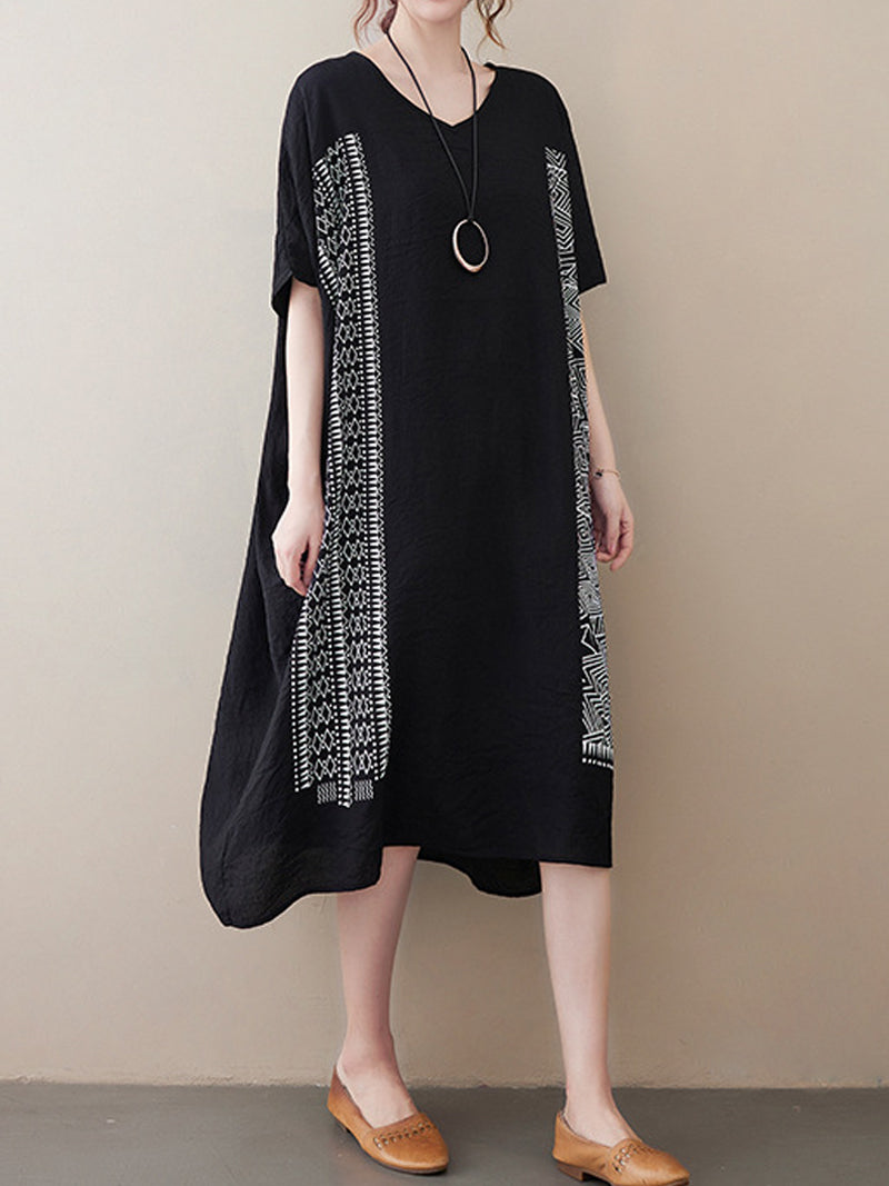 V-Neck Batwing Sleeve Geometric Print Loose Oversized Midi Dress 8