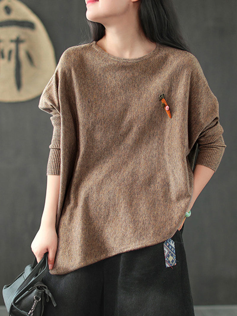 Round Neck Batwing Sleeve Carrot Embroidered Loose Knit Sweater 11