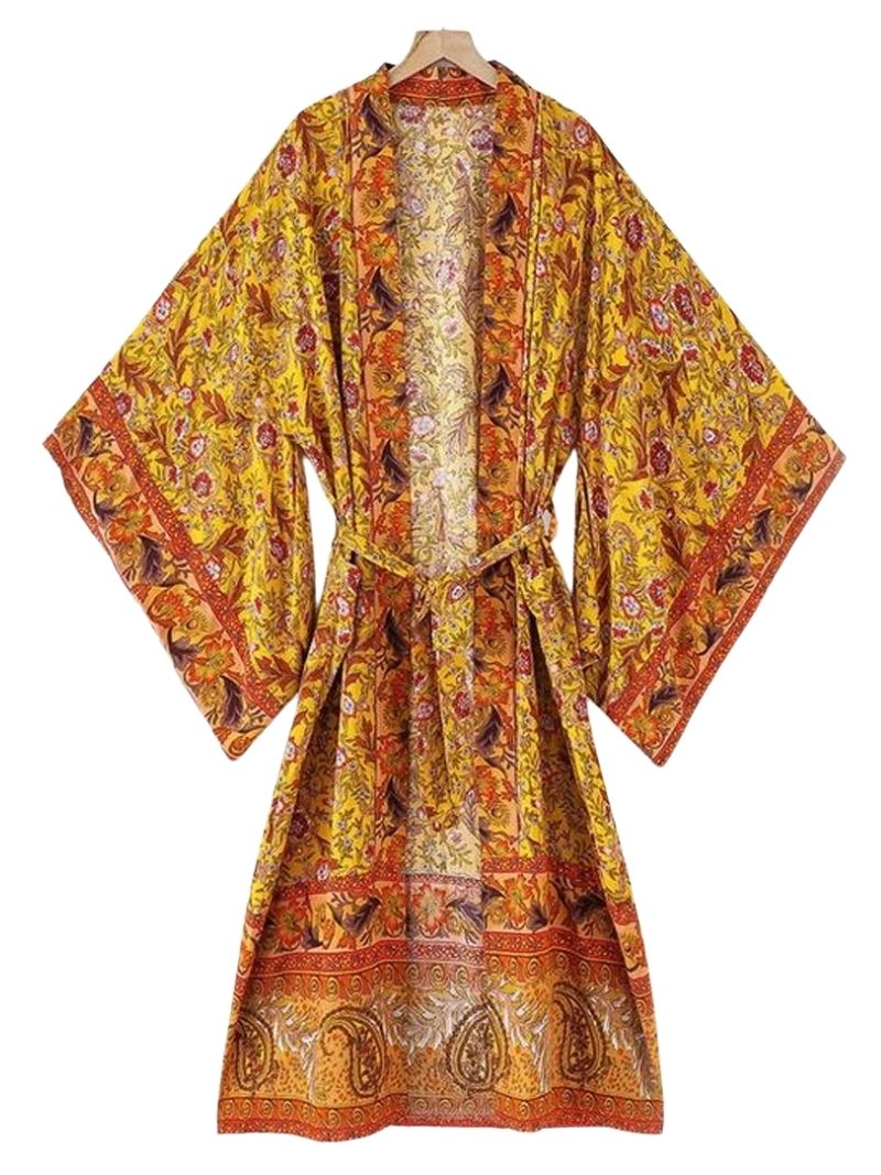 Yellow Bohemian Floral Print Tie Waist Long Wide Sleeve Kimono Robe