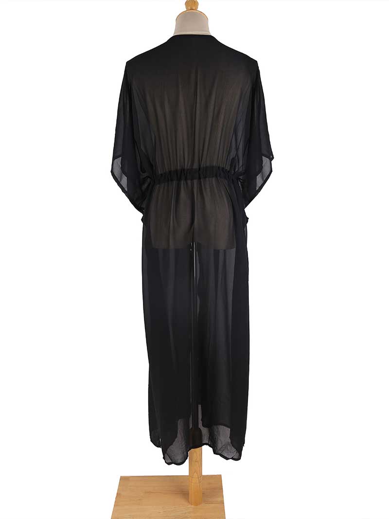Black Sun Embroidered Mirror Sheer Tie Waist Long Kimono