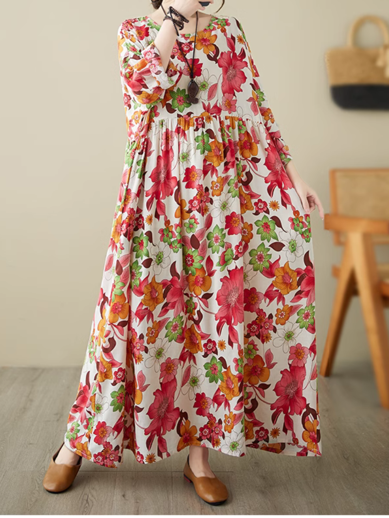 Round Neck Floral Print Long Sleeve Loose Smock Maxi Dress