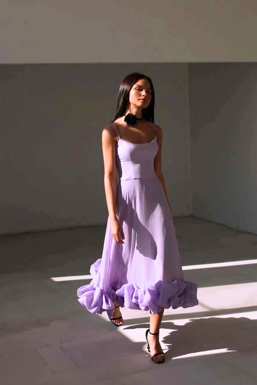 Scoop Neck Spaghetti Strap Ruffle Hem A-Line Midi Dress