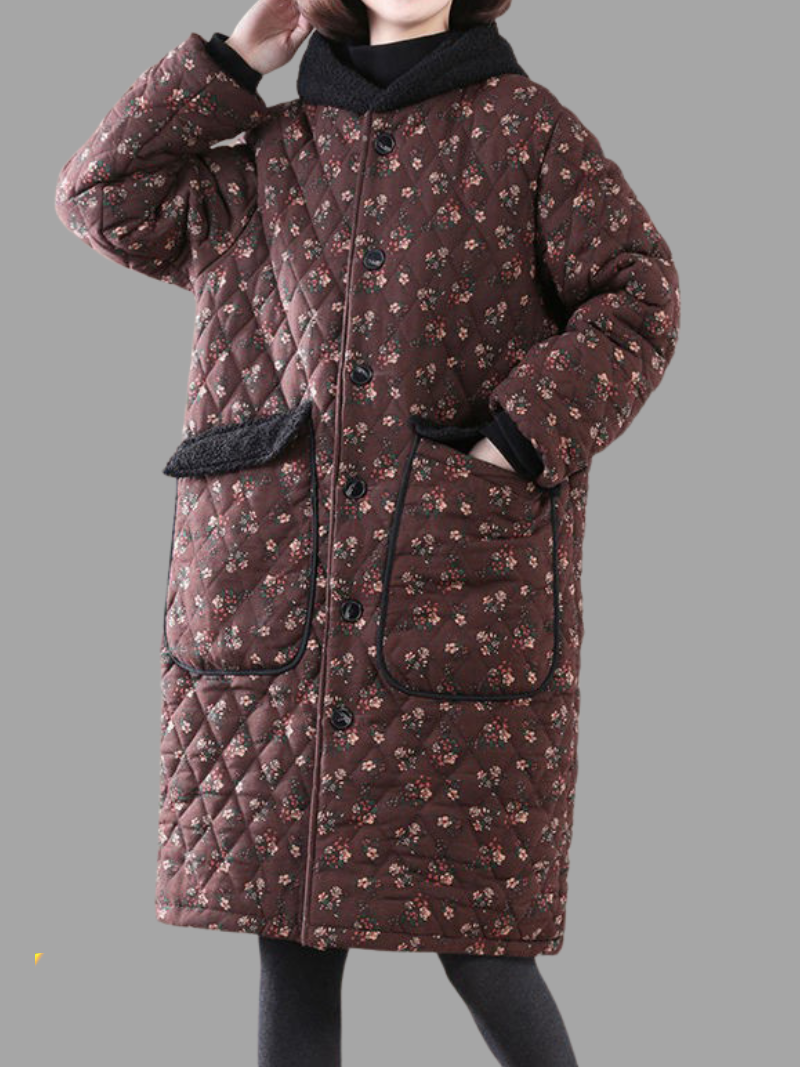 Stand Collar Floral Print Quilted Pocket Button Longline Coat 4
