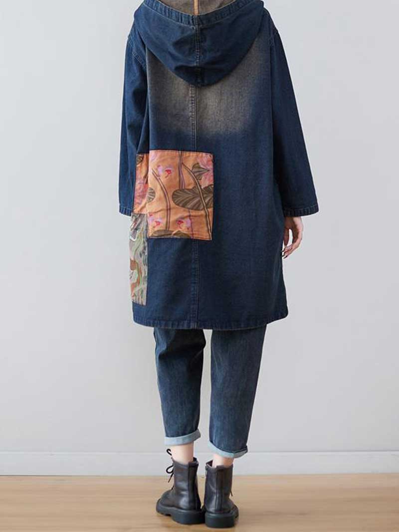 Navy Blue Hooded Patchwork Pocket Longline Denim Jacket 2