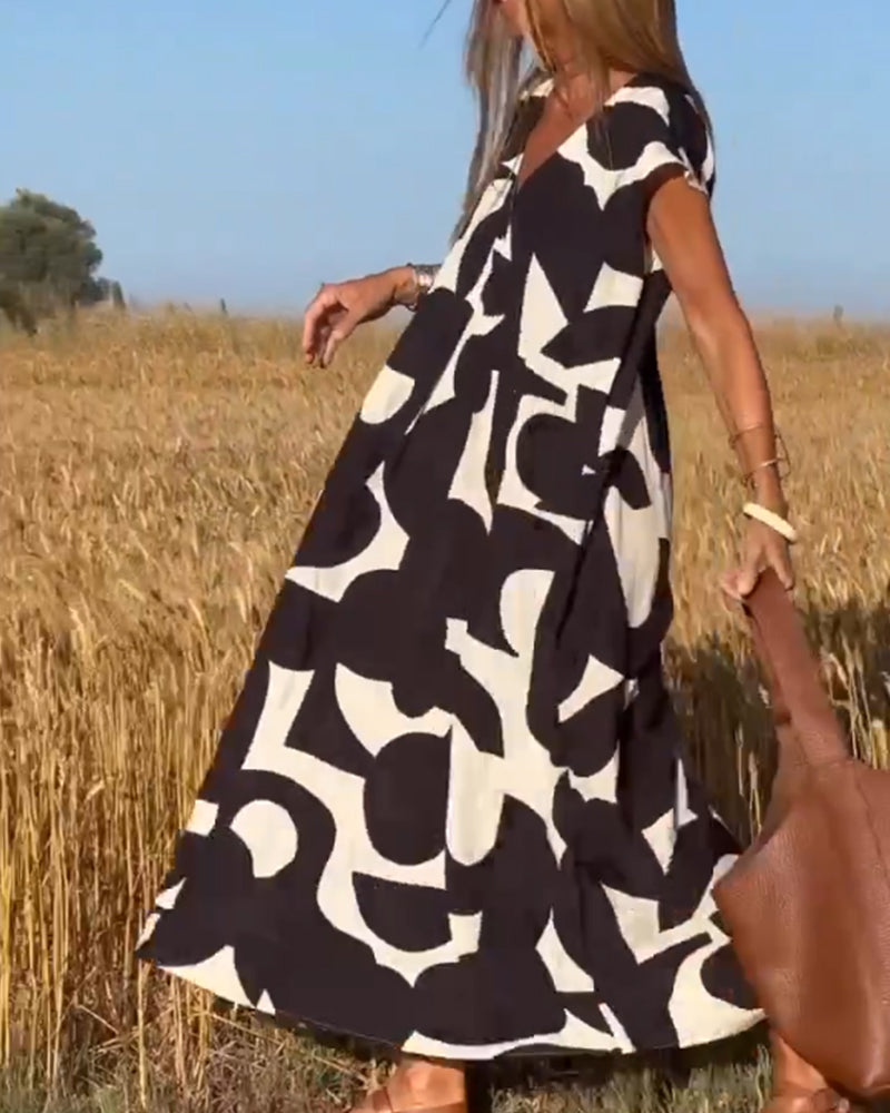 V-Neck Cap Sleeve Abstract Print Flowy Maxi Dress 7