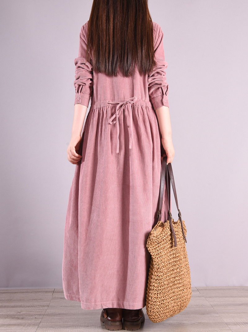 Stand Collar Button Placket Corduroy Long Sleeve Pleated Maxi Dress 3
