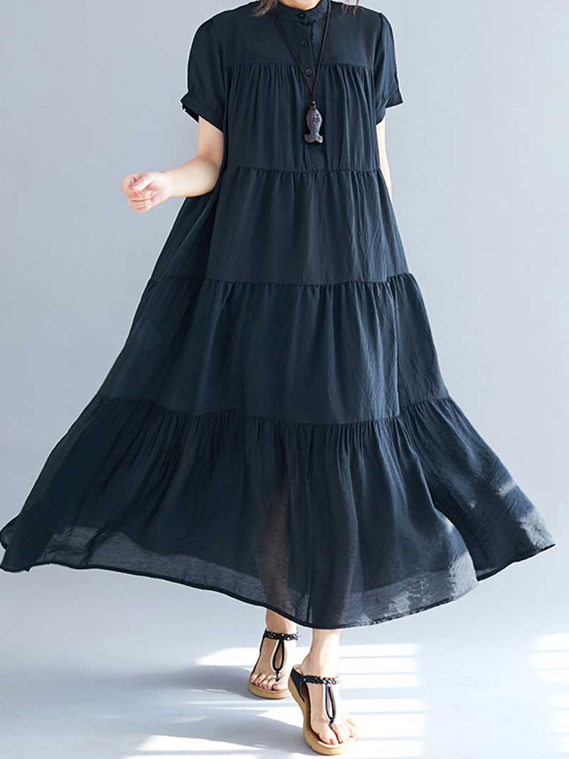 Black Band Collar Short Sleeve Tiered Smock A-Line Maxi Dress 3