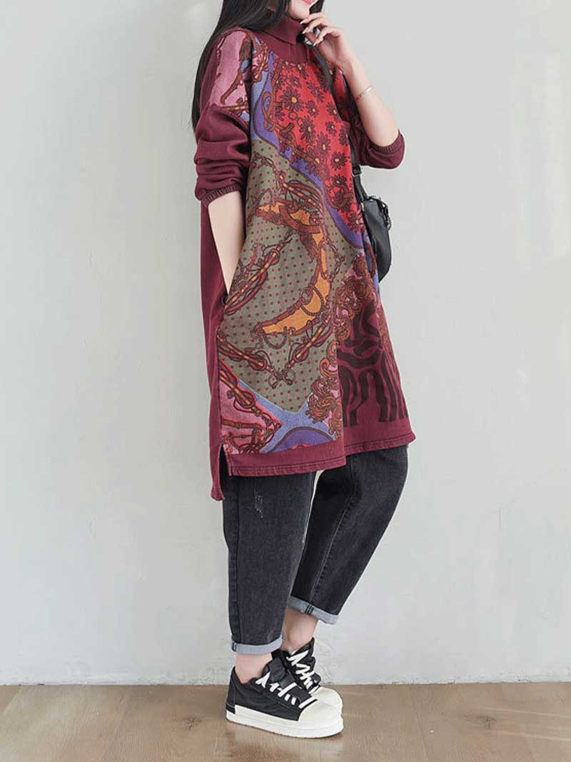 Round Neck Mixed Print Plaid Panel Long Sleeve Shift Midi Dress 11