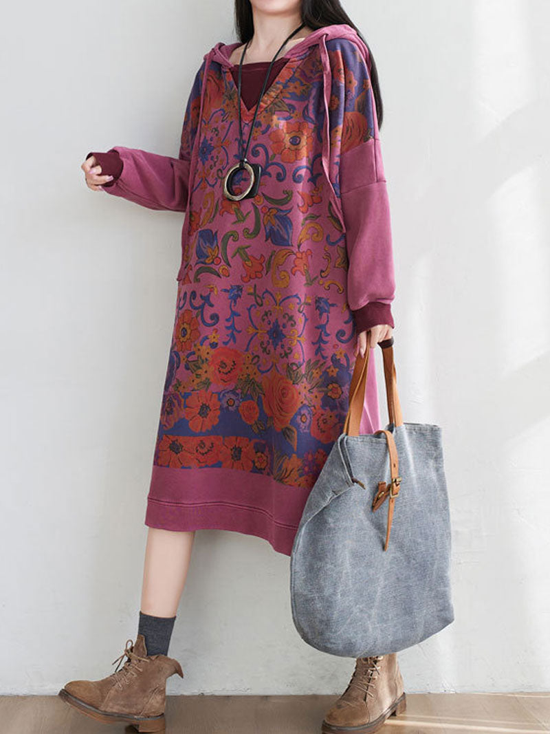 Hooded Floral Print Long Sleeve Loose Midi Dress 9