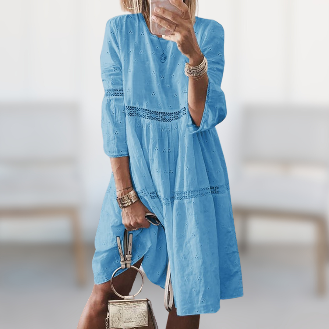 Round Neck Eyelet Lace Trim Tiered Loose Midi Dress