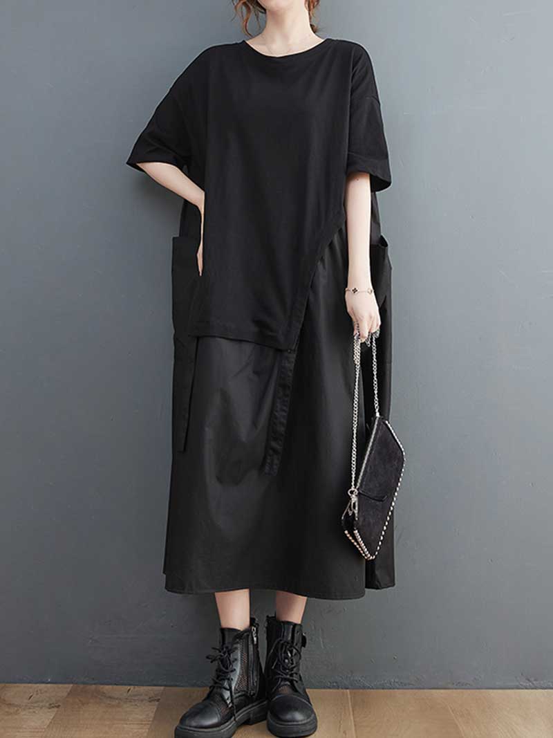 Black Round Neck Short Sleeve Layered Loose A-Line Maxi Dress