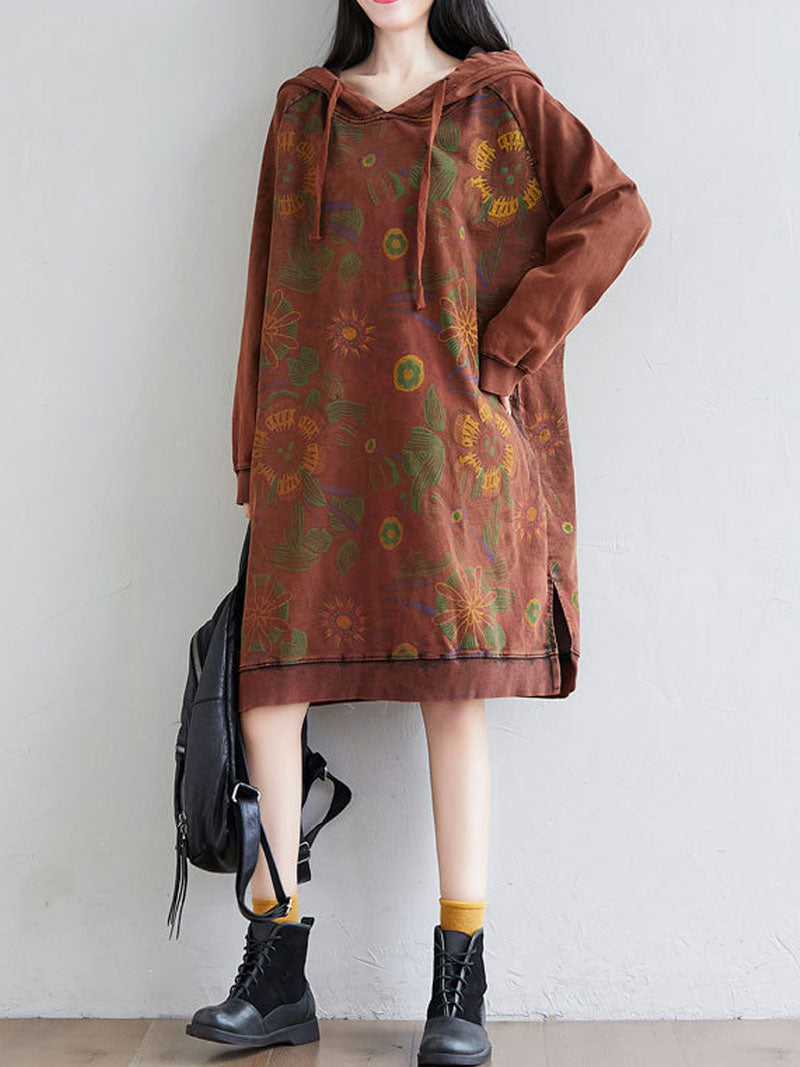 Hooded Floral Print Drawstring Long Sleeve Sweatshirt Midi Dress