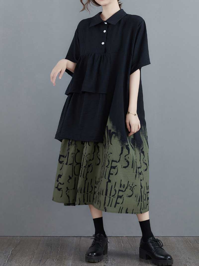 Black Collared Button Tiered Layered Abstract Print A-Line Midi Dress 3