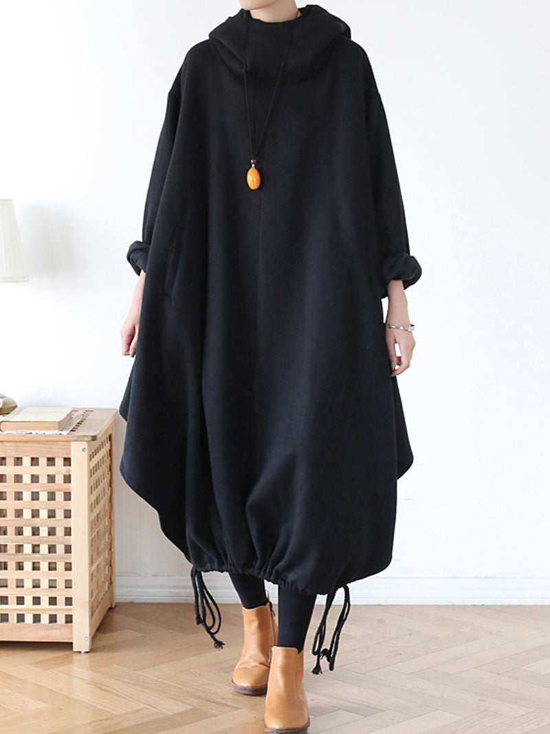 Hooded Long Sleeve Drawstring Hem Loose Cocoon Midi Dress 5