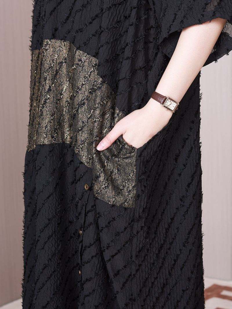 Black Round Neck Batwing Sleeve Textured Metallic Panel Loose Maxi Dress 2