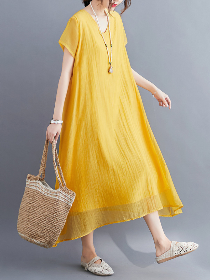 V-Neck Short Sleeve Layered Chiffon Loose A-Line Maxi Dress 4