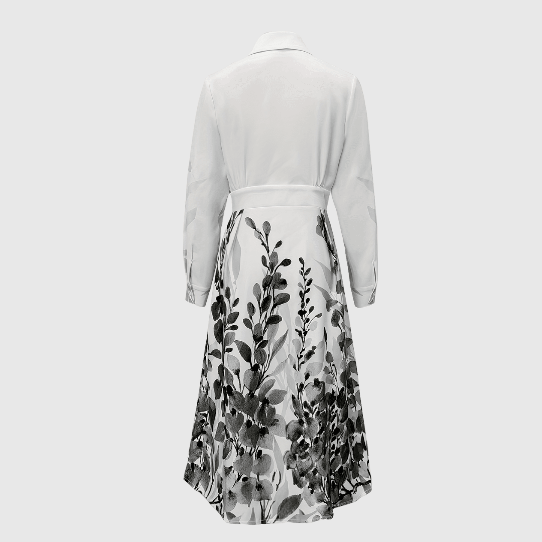 Collared Floral Border Print Long Sleeve Pocket Shirt Maxi Dress 7