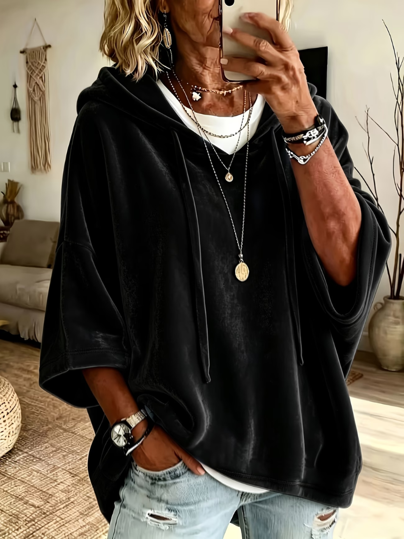 Hooded Drawstring Batwing Sleeve Oversized Velour Hoodie 3
