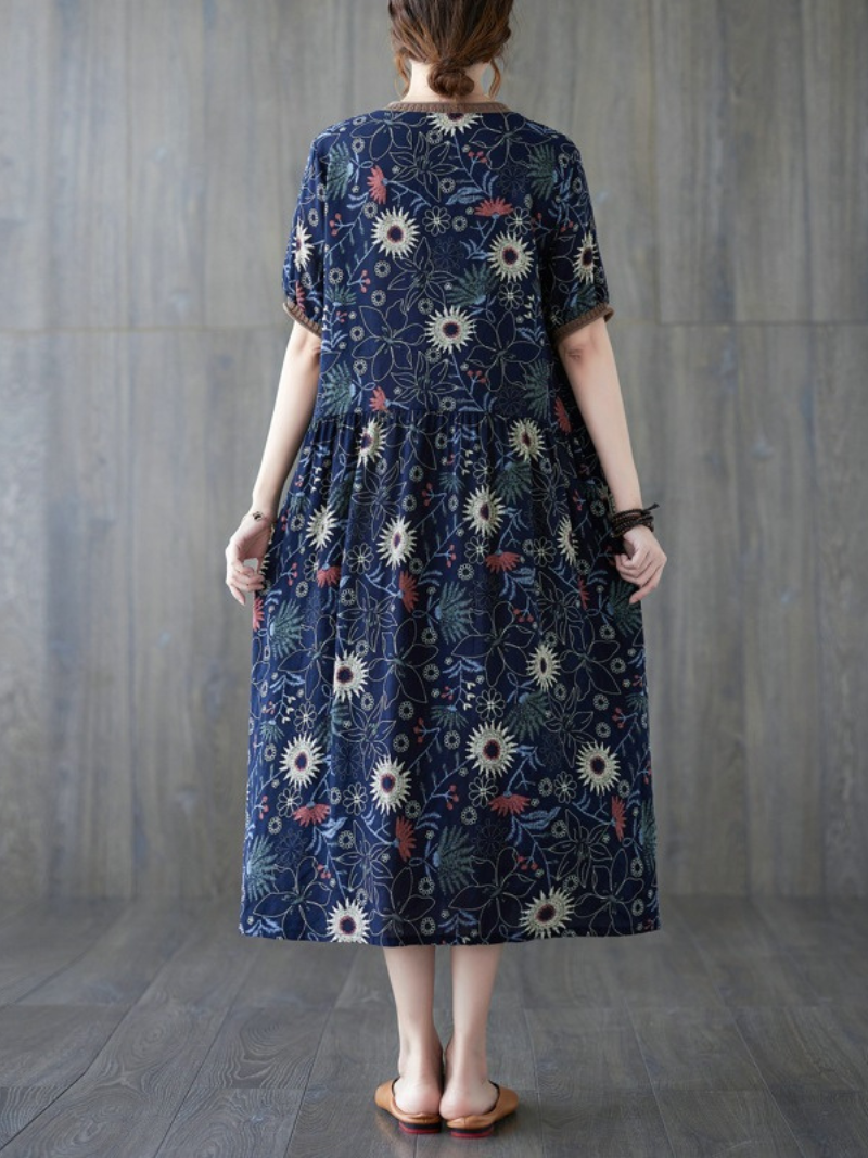 Multicolor V-Neck Short Sleeve Floral Print Pleated Loose Smock Midi Dress 3