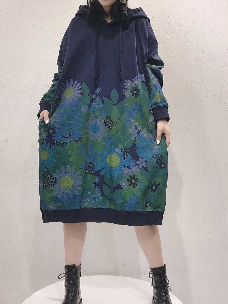 Hooded Floral Print Long Sleeve Oversized Sweatshirt Midi Dress 4