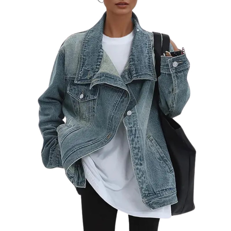 Stand Collar Asymmetric Button Oversized Denim Jacket 3