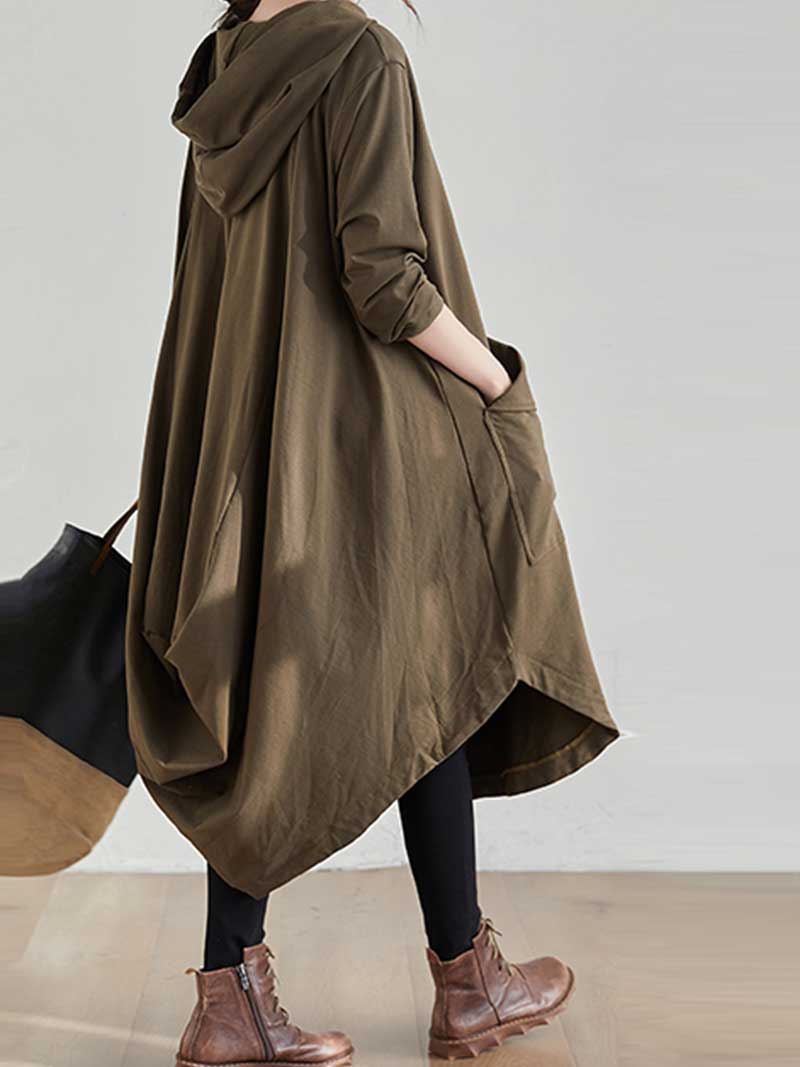 Hooded Drawstring Long Sleeve Pocket Loose Hoodie Dress 3