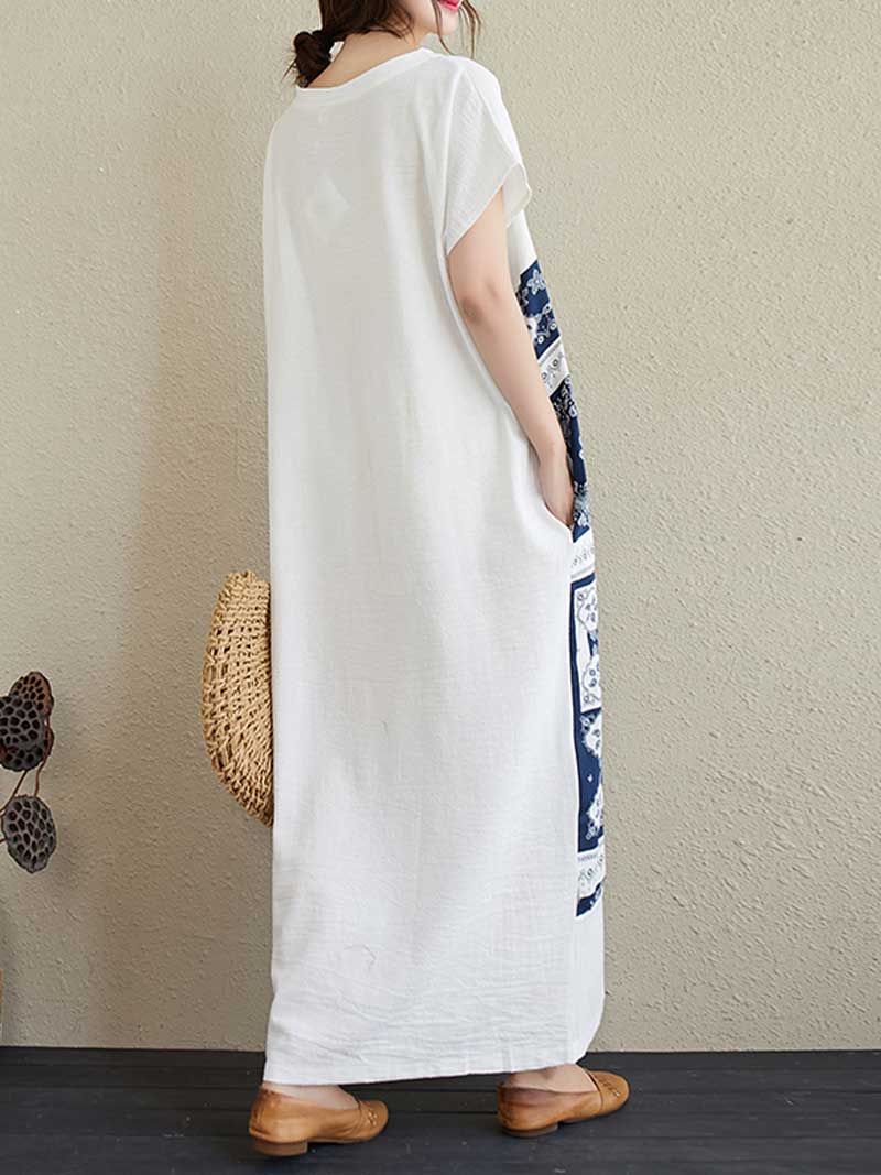 White V-Neck Patchwork Paisley Print Short Sleeve Loose Cotton Maxi Dress