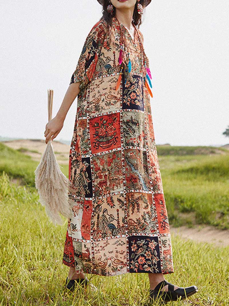 Multicolor V-Neck Patchwork Floral Print Tassel Cotton Kaftan Maxi Dress 3