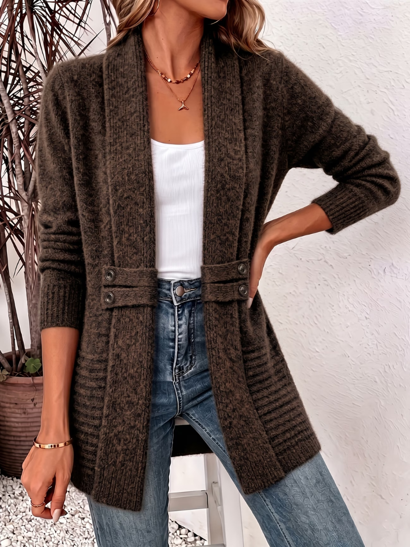 Shawl Collar Long Sleeve Open Front Button Tab Knit Cardigan 4