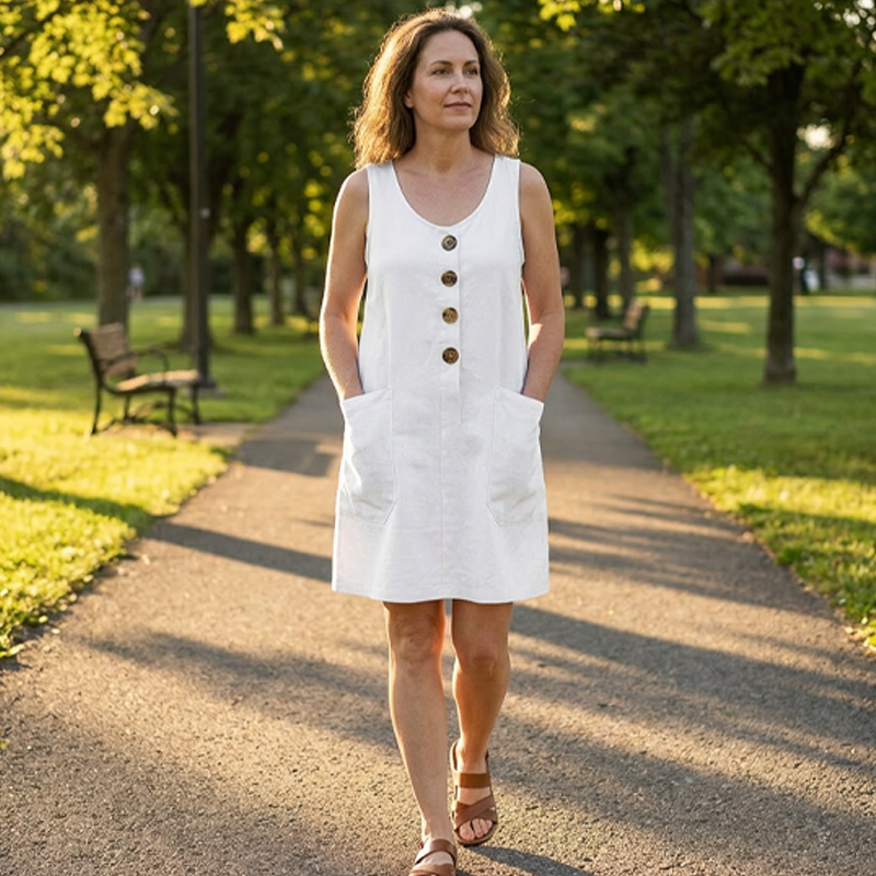 Scoop Neck Sleeveless Button Front Patch Pocket Shift Mini Dress