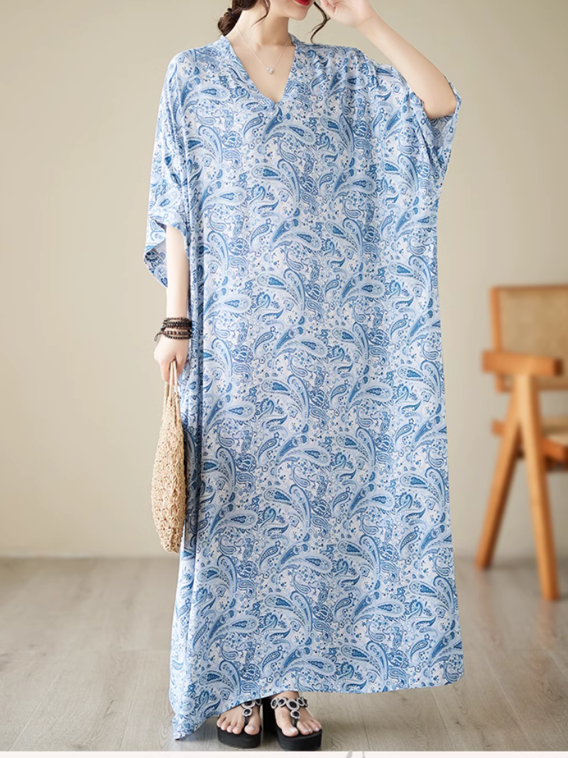 Split Neck Batwing Sleeve Paisley Print Loose Kaftan Maxi Dress