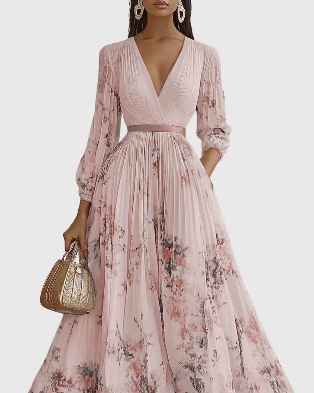 V-Neck Floral Print Sleeveless Pleated A-Line Maxi Dress
