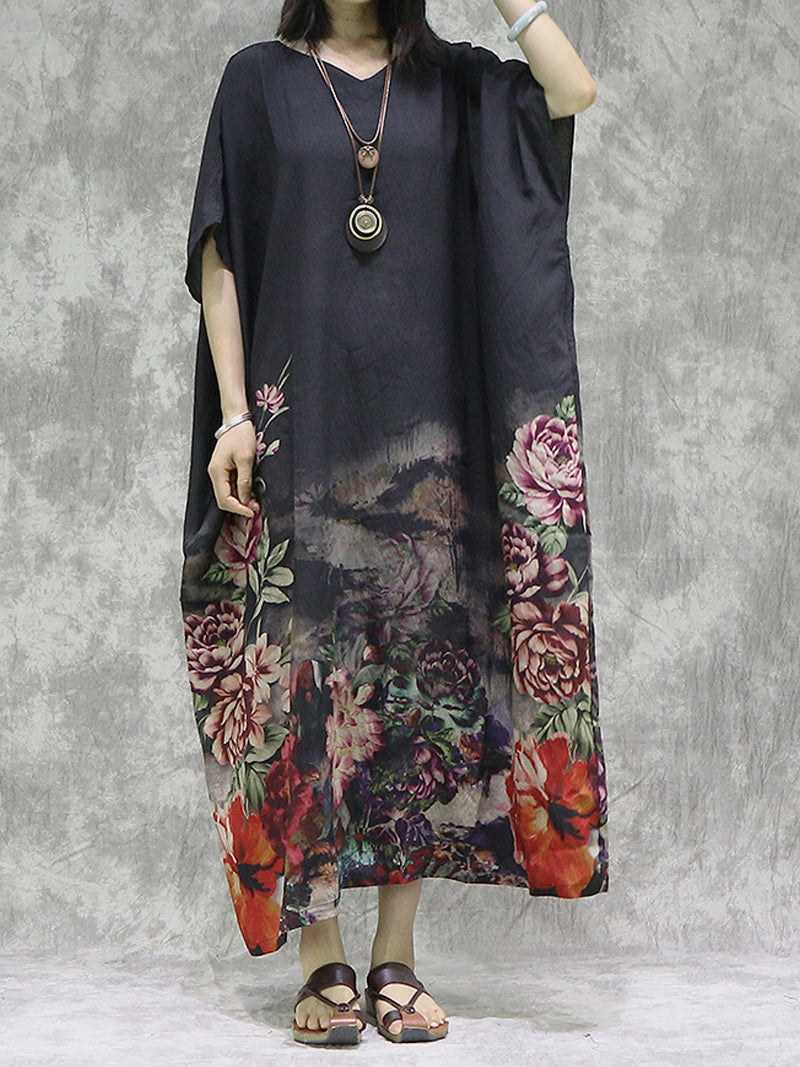 Black V-Neck Batwing Sleeve Floral Peony Print Loose Maxi Dress